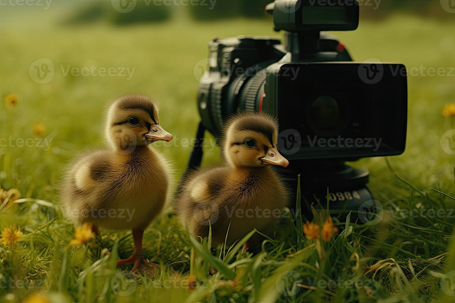 patitos en el medio de el césped con el cámara ai generativo foto