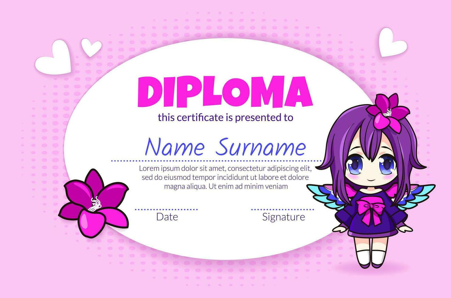 Colorful school and preschool diploma certificate for kids in kindergarten or primary grades with cute cartoon anime girl in dress with magic wings and lilies. Vector flat art for children