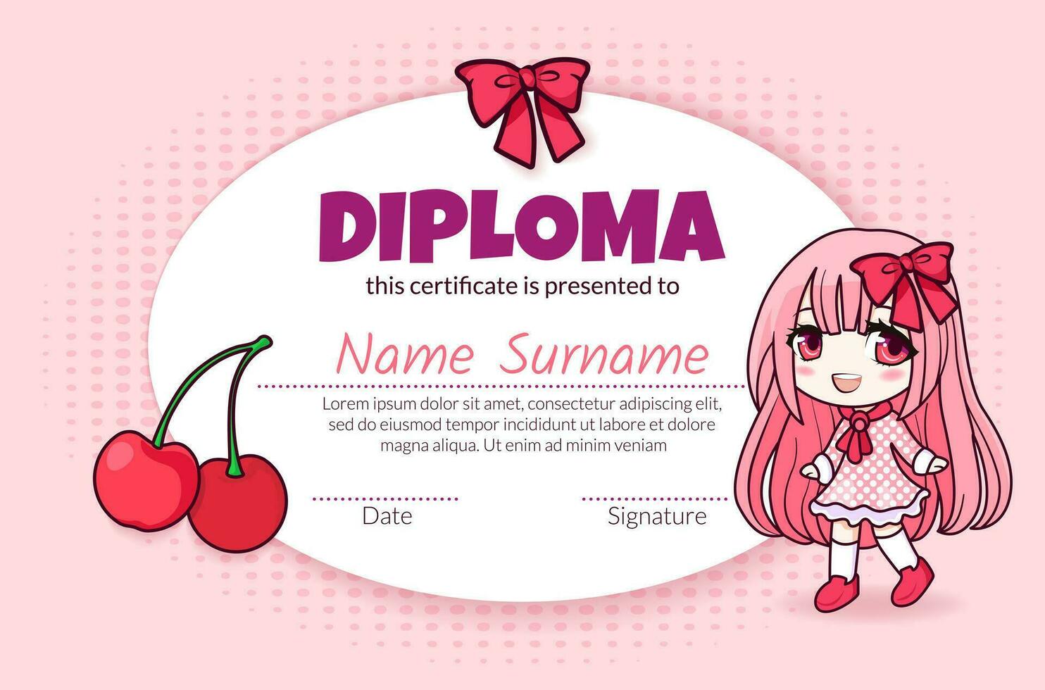 Colorful school and preschool diploma certificate for kids in kindergarten or primary grades with cute cartoon anime girl in hat with bow and cherries. Vector flat illustration for children.