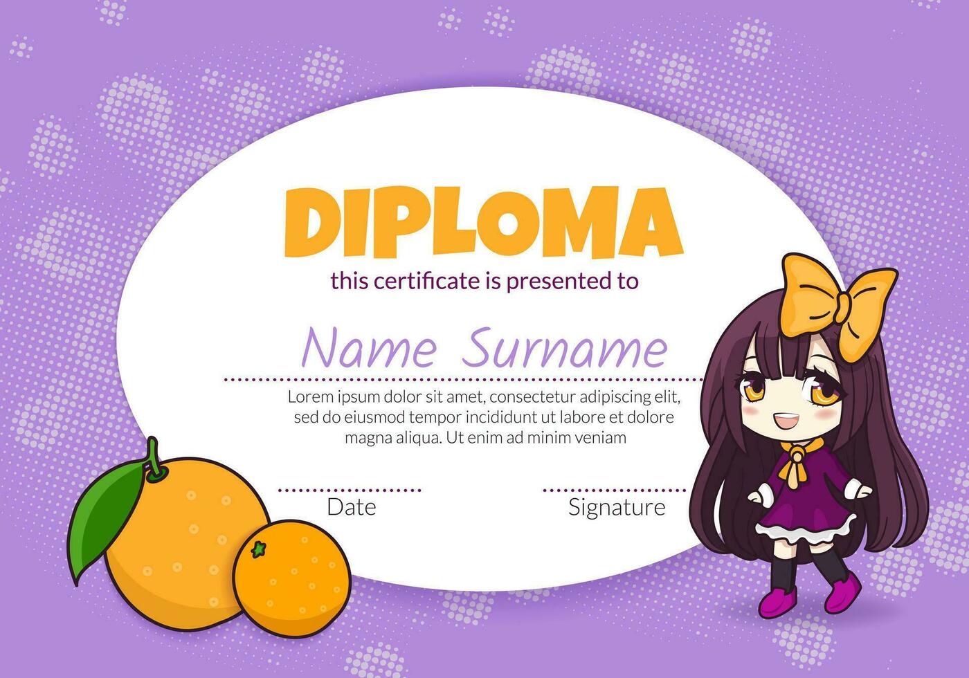 Colorful school and preschool diploma certificate for kids in kindergarten or primary grades with cute cartoon anime girl in dress and oranges. Vector flat illustration for children.