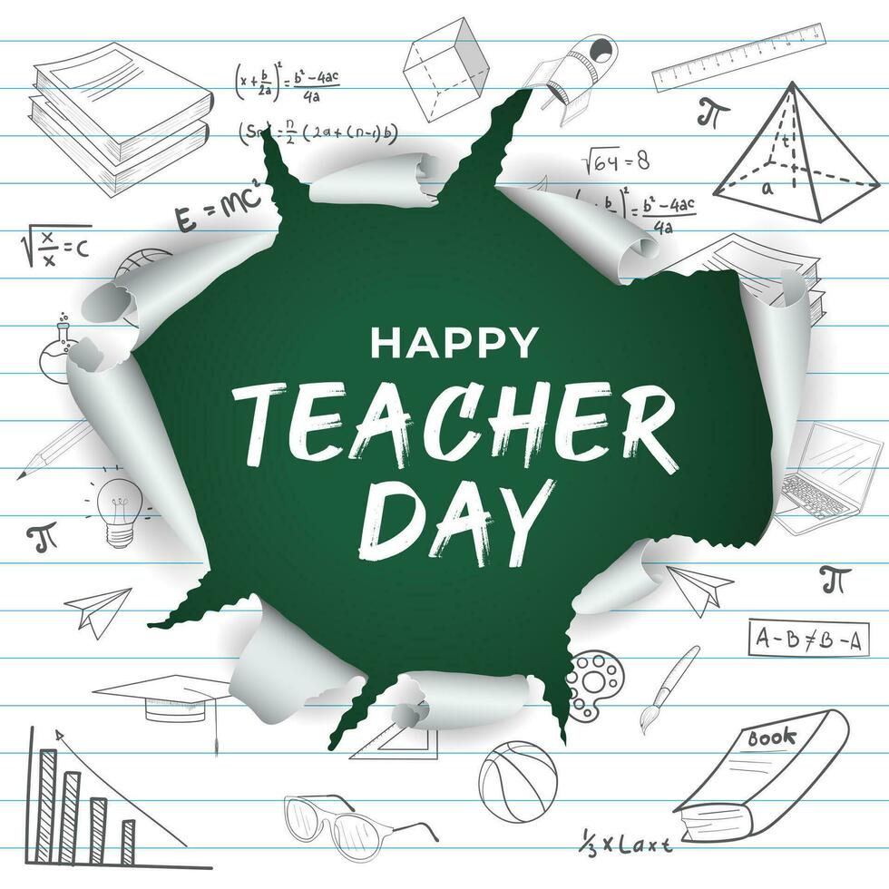 Happy teacher's day greeting card in torn paper style with school tools doodle vector