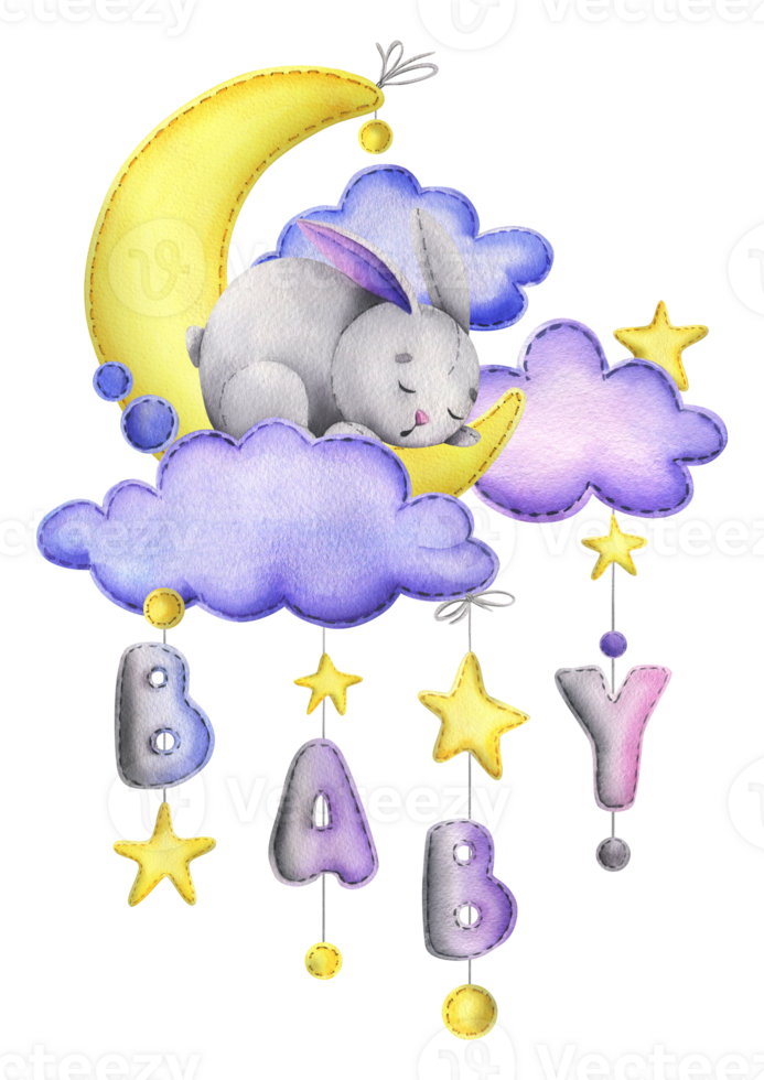 A cute gray stitched bunny lies and sleeps on a yellow moon with clouds, stars, the letters BABY hanging on ropes with bows. Watercolor illustration, hand drawn. Composition png
