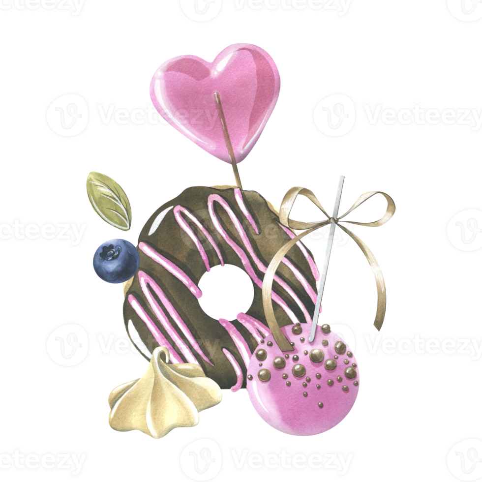 Glazed donut with chocolate, lollipop, cakepop, meringue and berries. Hand drawn watercolor illustration for prints, menus, stickers. Isolated composition png