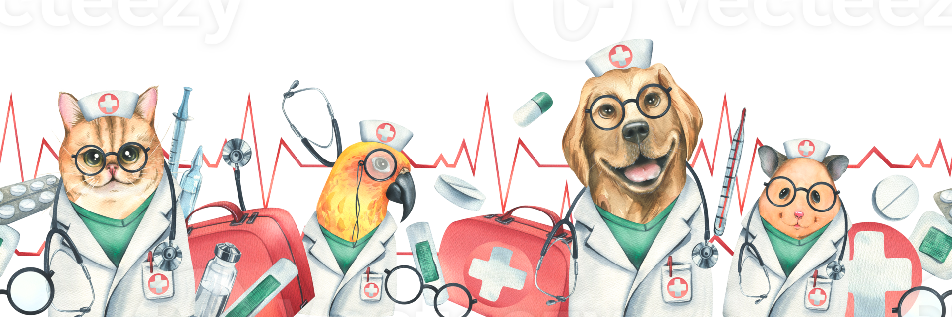 Dog, cat, hamster, parrot doctors in a dressing gown, glasses, with a stethoscope, a suitcase and medical instruments. Watercolor illustration hand drawn. Seamless border png