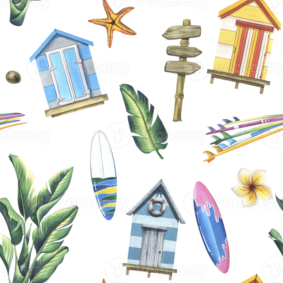 Beach cabins, surfboards, palm trees, flowers, coconuts. Watercolor illustration hand drawn. Seamless pattern png