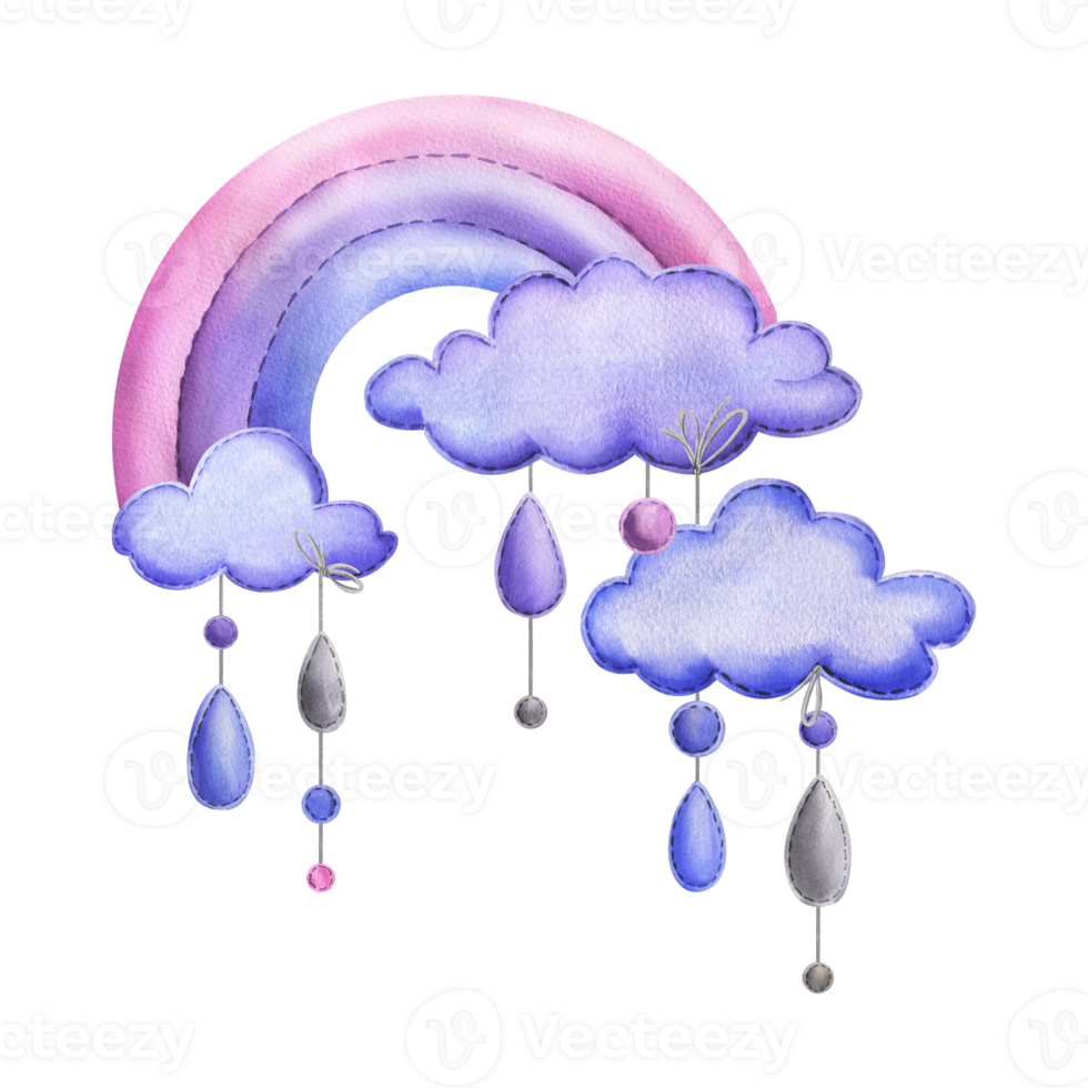 A stitched rainbow with clouds and raindrops hanging from ropes in blue, purple and pink. Childish cute hand drawn watercolor illustration. Isolated composition png