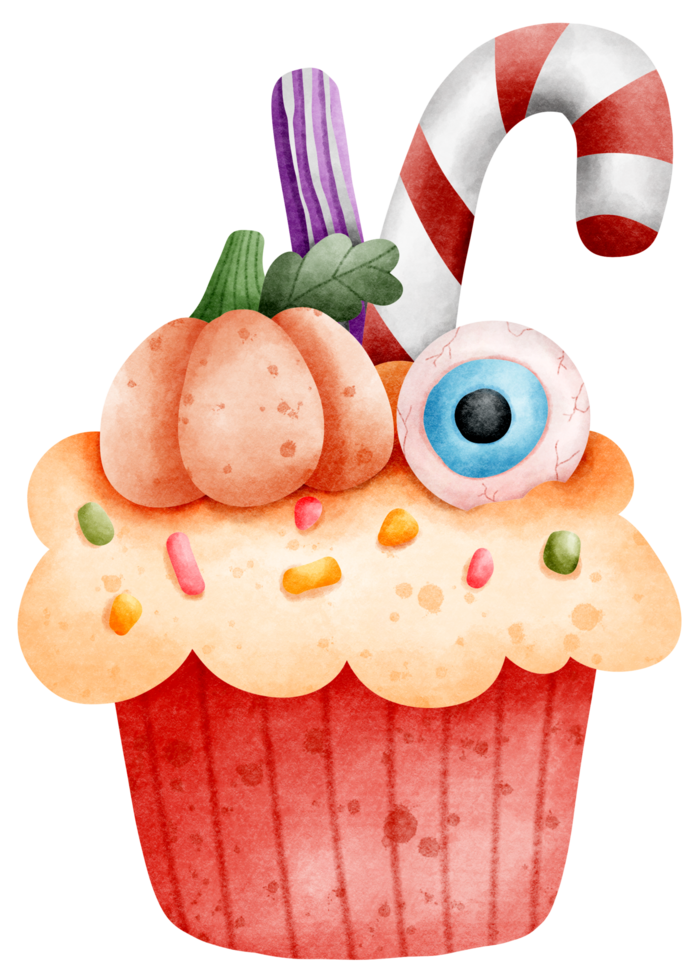 Isolated cute spooky halloween cupcake dessert with pumpkin eyeball and candy in watercolor style and transparent background png