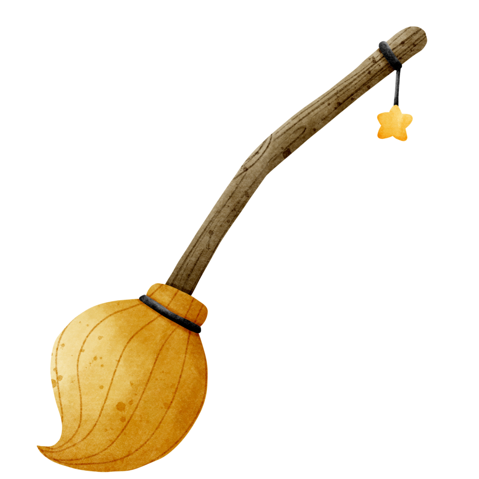 Isolated cute witch broomstick with star watercolor style in transparent background png