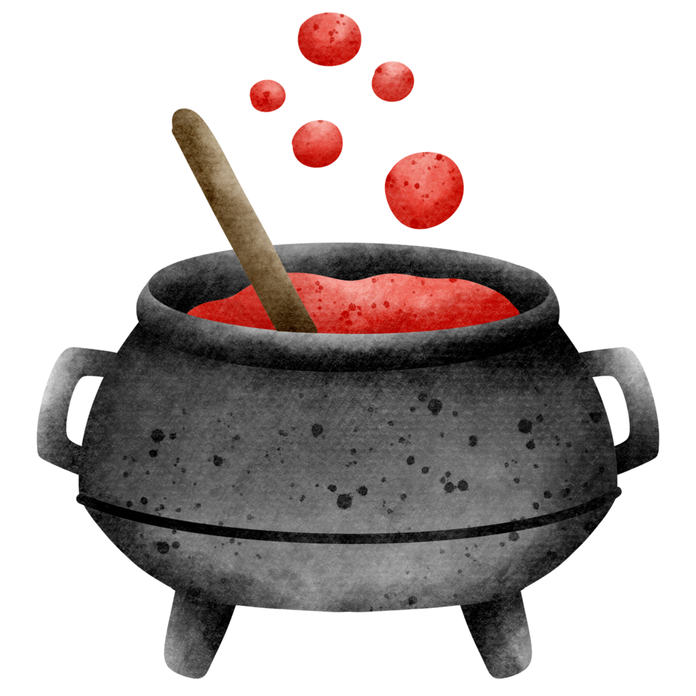 Isolated cute spooky witch cauldron with red potion watercolor style in transparent background png