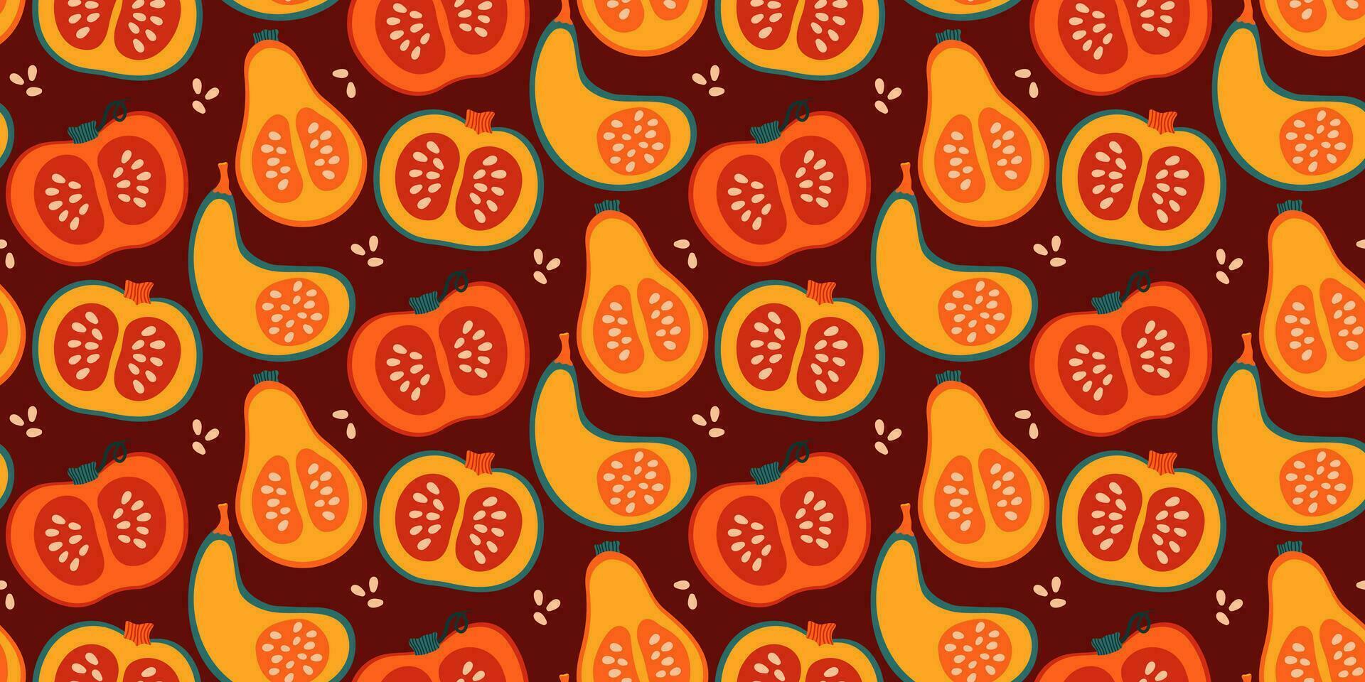 Seamless pattern with hand drawn pumpkins and seeds on dark background. Autumn, fall, thanksgiving decoration. vector