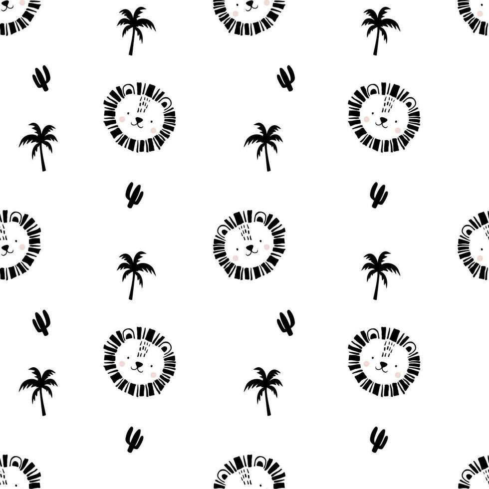 Cute lion head with palm tree and cactus. Seamless pattern vector