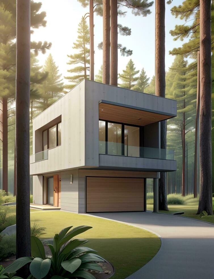 A modern home nestled in a lush forest Generative AI photo