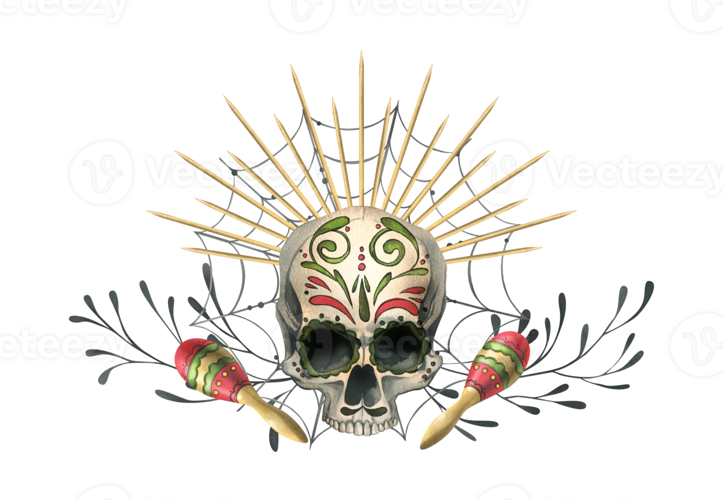 Human skull with an ornament, in a golden crown with rays, with cobwebs and maracas. Hand drawn watercolor illustration for day of the dead, halloween, Dia de los muertos. png
