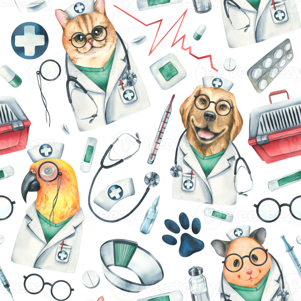 Veterinary doctors hamster, dog, cat, parrot, pet carrier, medicines. Watercolor illustration, hand drawn Seamless pattern png