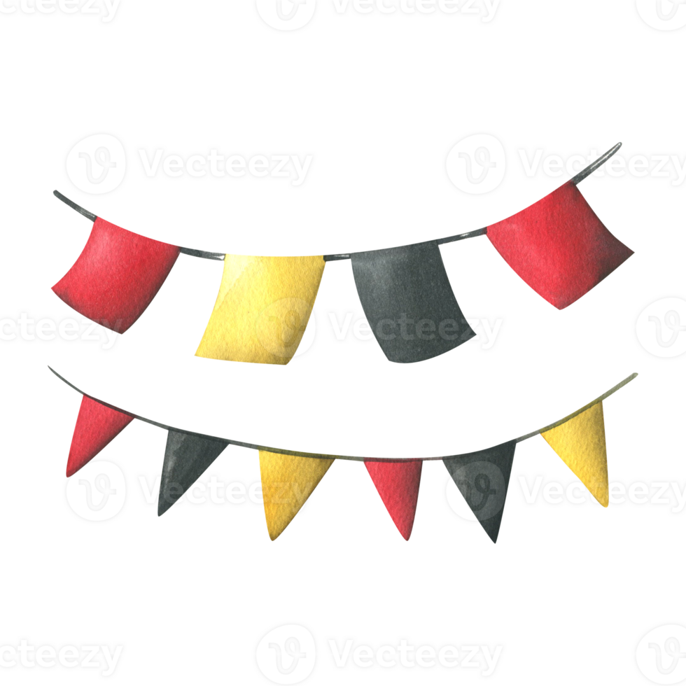 garlands with red, black and yellow flags are square and triangular. Hand drawn watercolor illustration for day of the dead, halloween, Dia de los muertos. Isolated object png