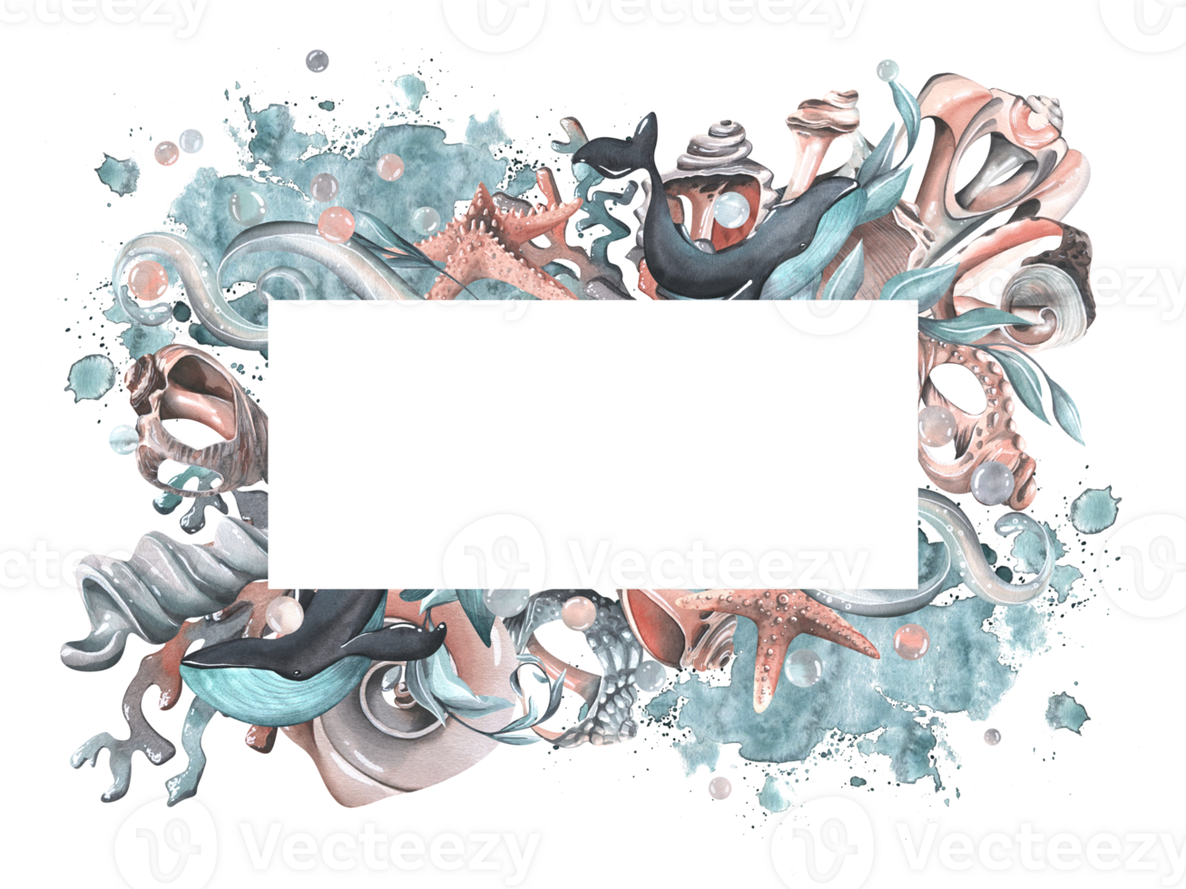 Whales with seashells, starfishes, bubbles, algae and corals turquoise. Watercolor illustration hand drawn. Template, frame png