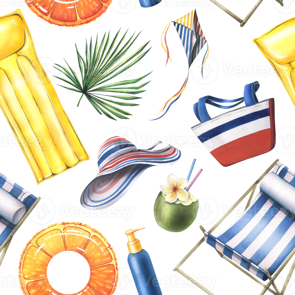 Beach, summer, tropical vacation with palm leaves, deck chair, bag, hat, sun creams, inflatable toys. Watercolor illustration, hand drawn. Seamless pattern png