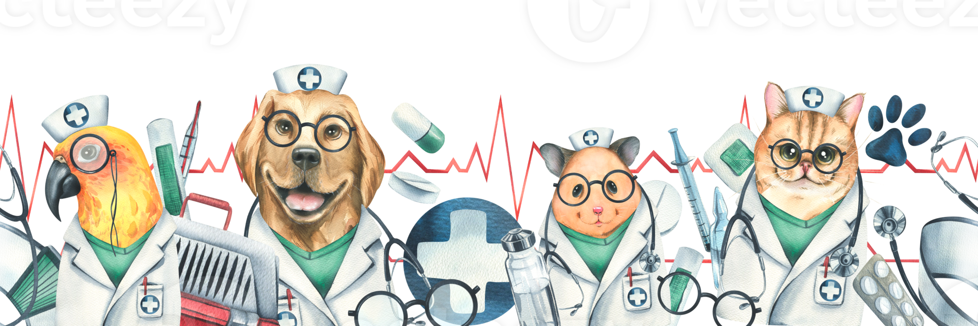 Veterinary doctors hamster, dog, cat, parrot, pet carrier, medicines. Watercolor illustration, hand drawn Seamless border png
