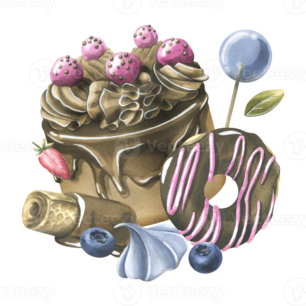 Chocolate cake with icing, donut, waffles, meringue blueberries and strawberries. Watercolor illustration hand drawn. Isolated composition png