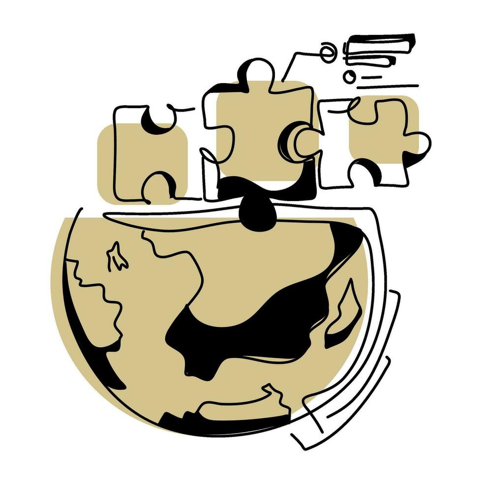 Flat Illustration Outline Intelligence Puzzle Globe is used for website UI UX, seamlessly guiding users through intricate concepts. Its visual representation adds clarity and enhances user experience vector