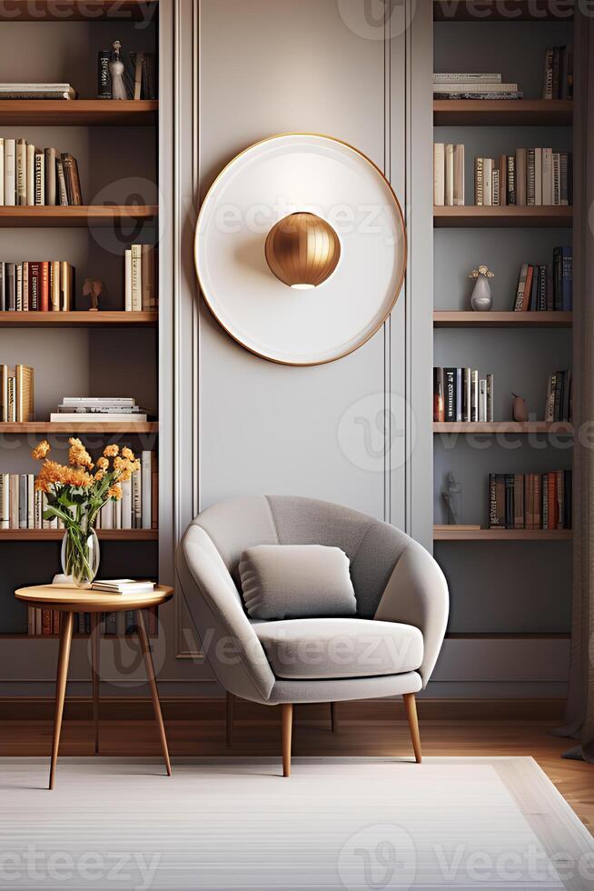 A chair and a table in front of bookshelves. photo