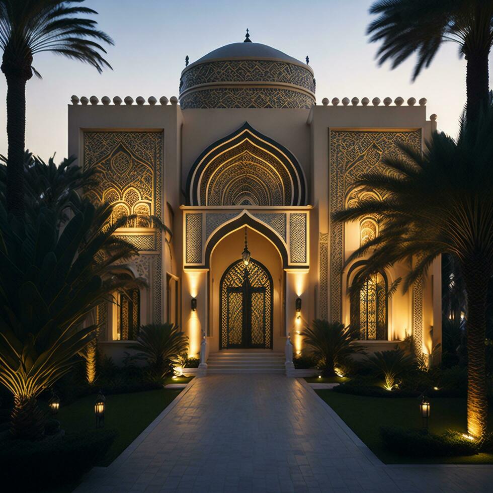 Realistic Arab style villa with realistic professional faade lighting is the subject Generative AI photo