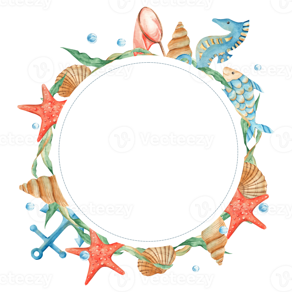 Sea circle frame, cute fish, seaweeds, seashells, red starfish, nautical anchor, orange net and water bubbles. Marine design. Watercolor hand drawn illustration. For cards, logos, marine design. png