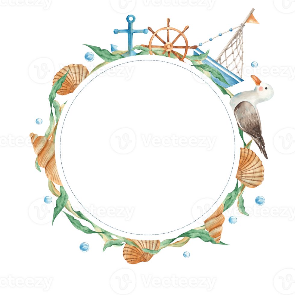 mer cercle cadre, mignonne aquarelle bateau, bateau, en bois pilotage roue, mouette, coquillages, nautique ancre, algues et l'eau bulles. Marin conception. aquarelle main tiré illustration. pour cartes. png