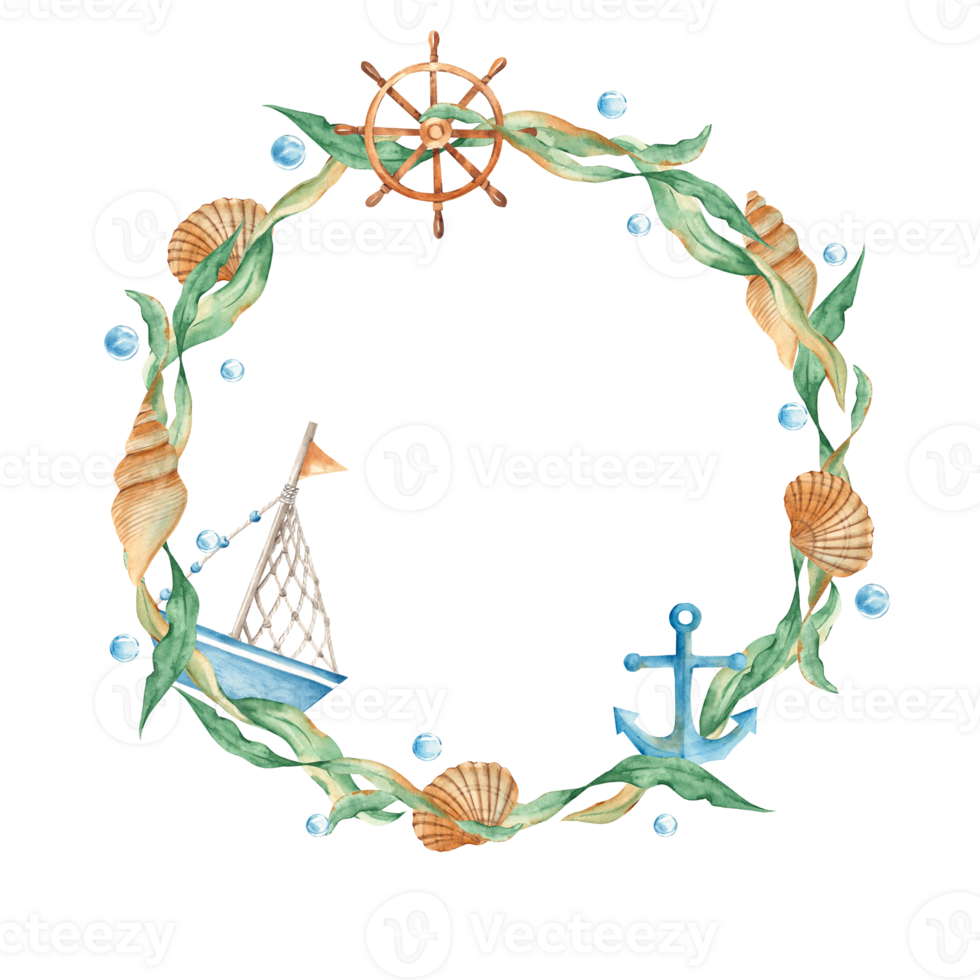 zee cirkel kader, schattig waterverf schip, boot, houten stuurinrichting wiel, schelpen, nautische anker en water bubbels. marinier ontwerp. waterverf hand- getrokken illustratie. voor kaarten, logo's, marinier ontwerp png