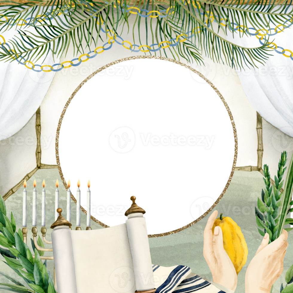 Sukkah festive greeting frame watercolor illustration with palm leaves, waving lulav, Etrog, four species, tallit, menorah and Torah scroll for Jewish Sukkot holiday png