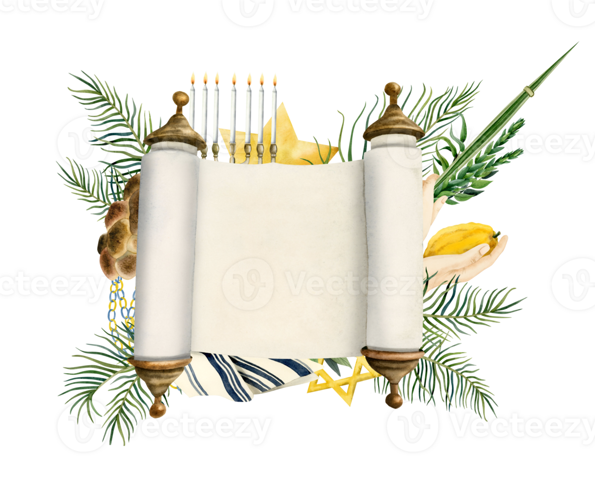 Blank Torah scroll and Sukkot symbols banner tempate watercolor illustration. Four species Etrog fruit, hadass, lulav, aravah, myrtle and willow, menorah and challah png