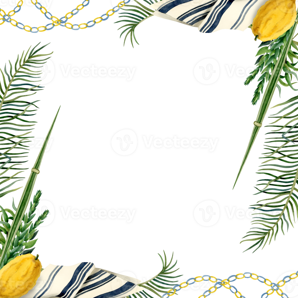 Happy Sukkot square floral frame watercolor illustration with Etrog, four species, tallit and paper decorations for Jewish holiday greeting card png
