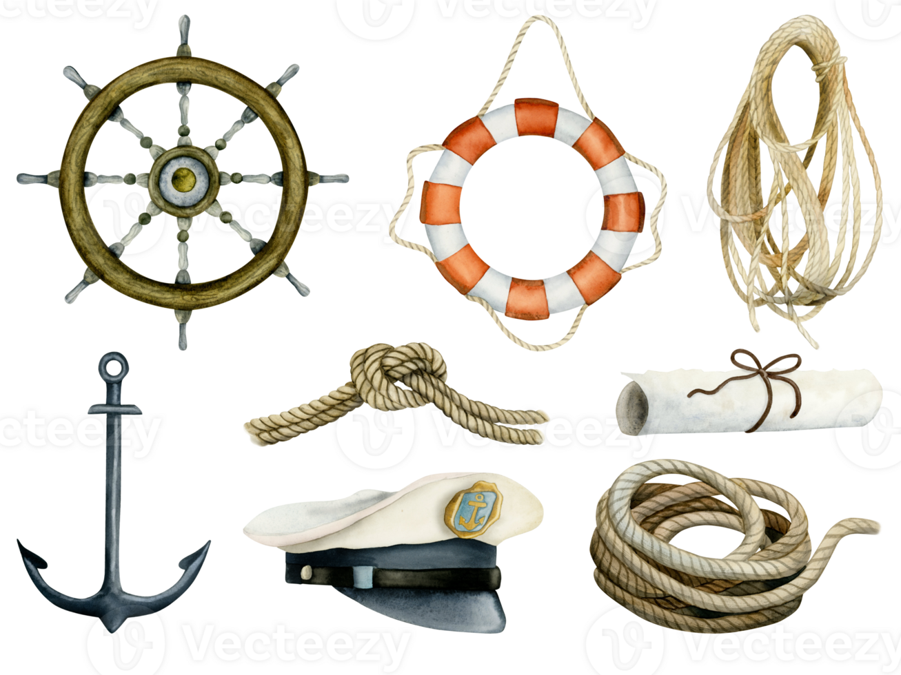 Nautical sailing boat or ship watercolor illustration set with steering wheel, lifebuoy, anchor, rope knot and captains cap for travel and adventures designs png