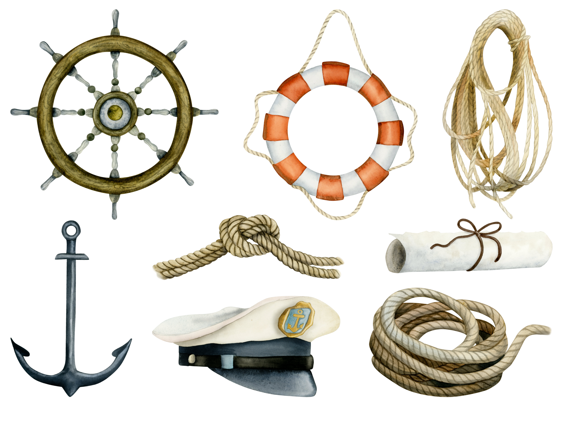 Nautical sailing boat or ship watercolor illustration set with steering  wheel, lifebuoy, anchor, rope knot and captains cap for travel and  adventures designs 27939789 PNG