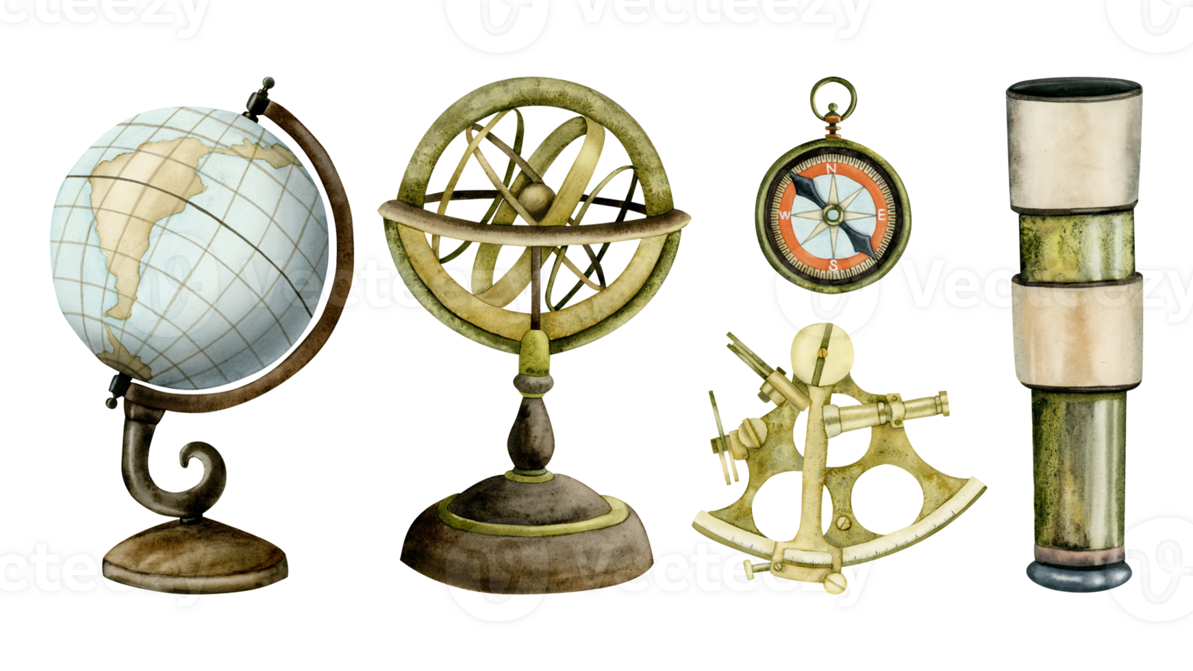 Sea nautical navigation instruments and devices watercolor illustration set with astrolabe, globe, sextant, compass and spyglass for travel and adventures designs png