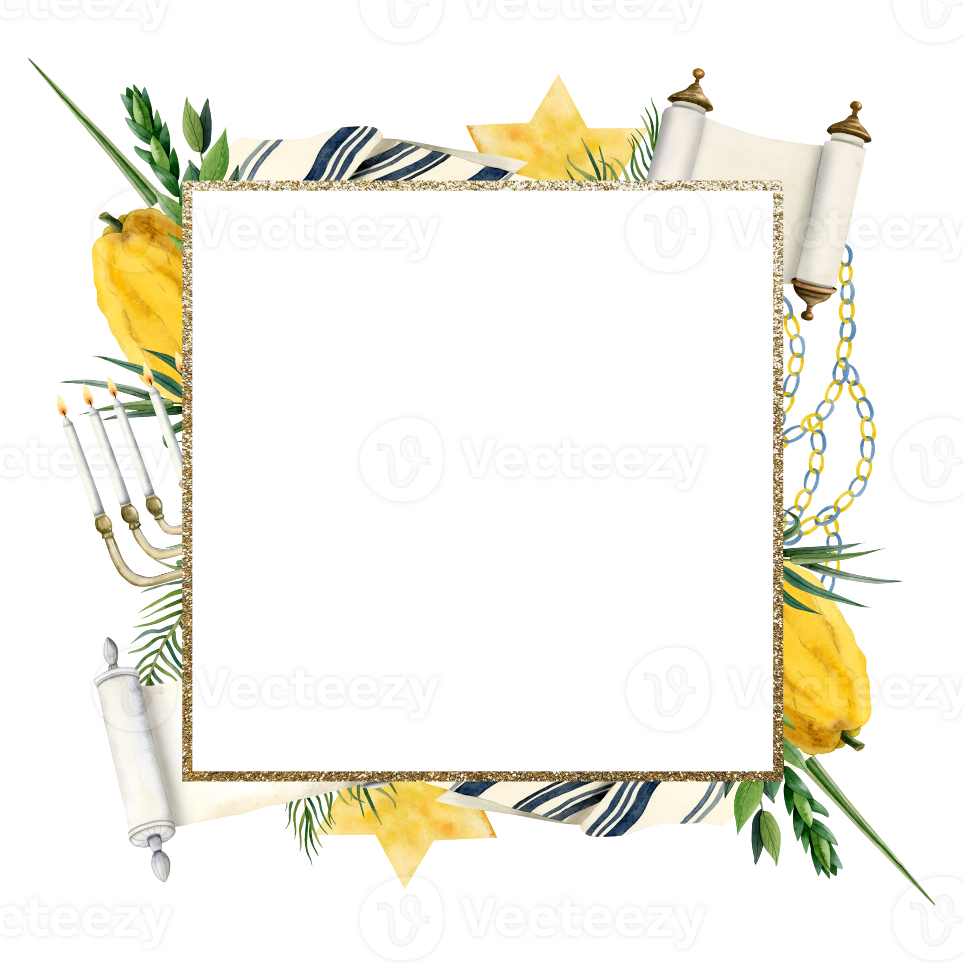 Watercolor Sukkot square frame illustration with Etrog, four species