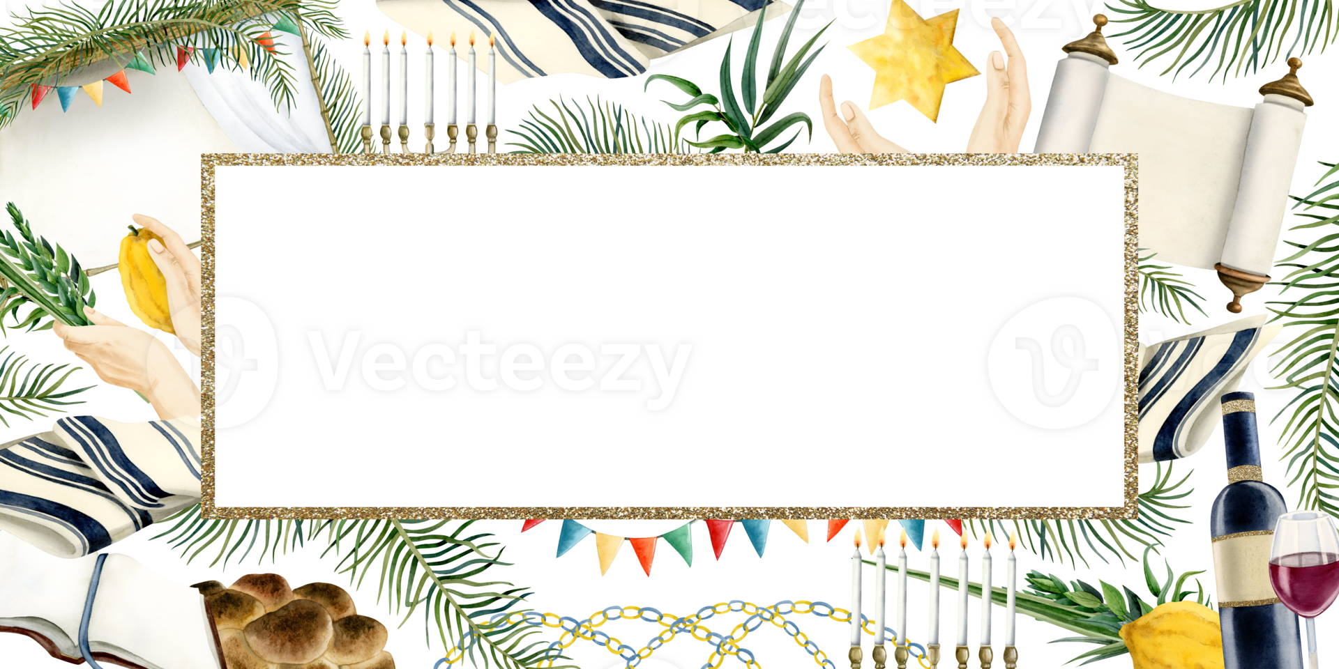 Jewish Sukkot horizontal frame illustration. Rectangular greeting template with sukkah, Etrog, four species, menorah, tallit and Torah scroll png
