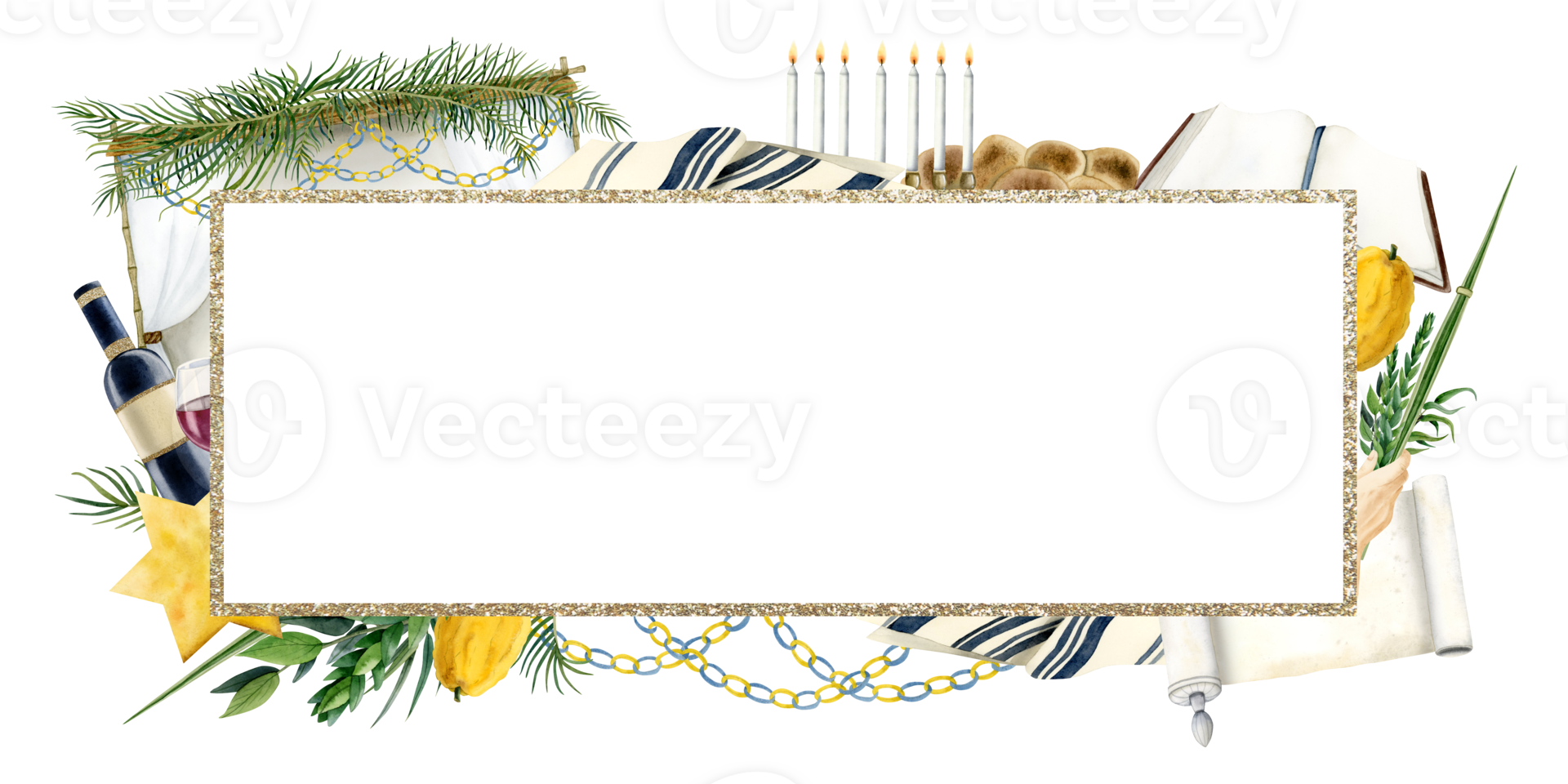Horizontal Sukkot frame illustration. Rectangular greeting template with Etrog, four species, tallit, sukkah and Torah scroll for Jewish holiday png