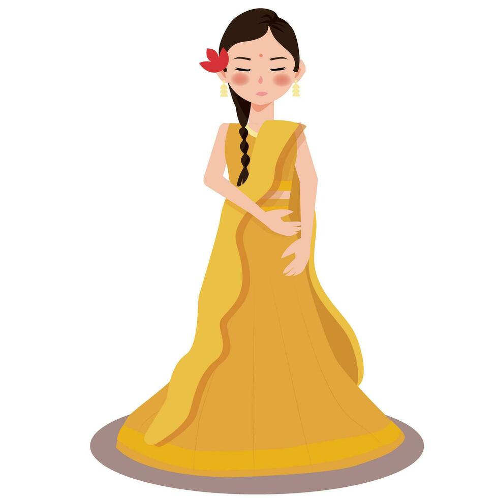 Haldi ceremony rituals Indian bride yellow outfits vector