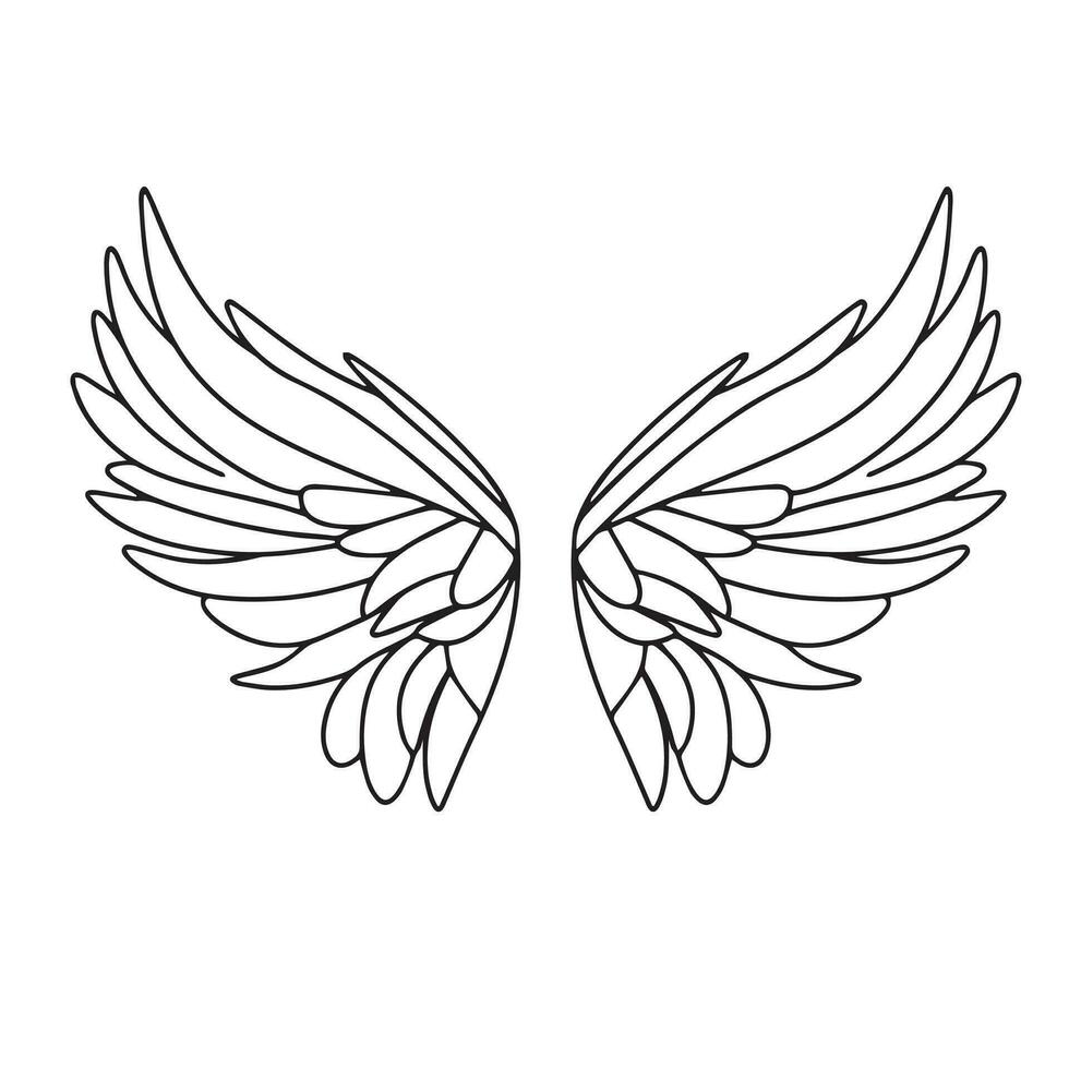 Doodle wing isolated on white background. Hand drawn wings outline. Vector illustration.