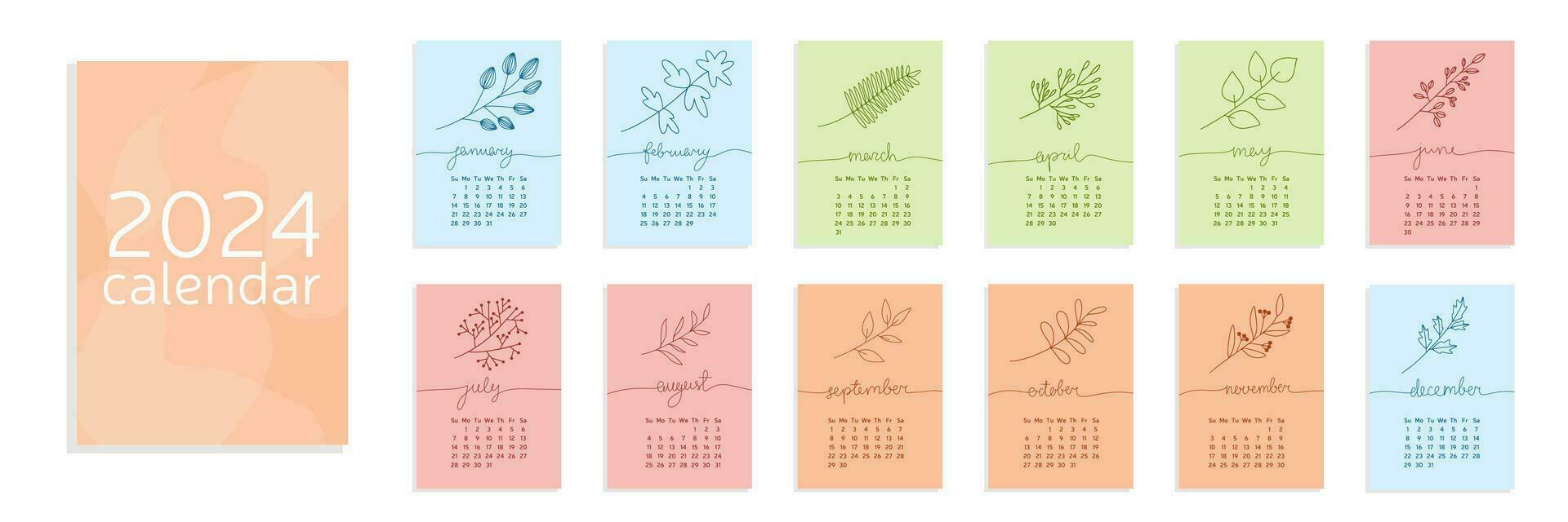 Calendar A4 2024 with minimal set of leaves and flowers, hand draw element of nature. Week start on sunday. Vector illustration