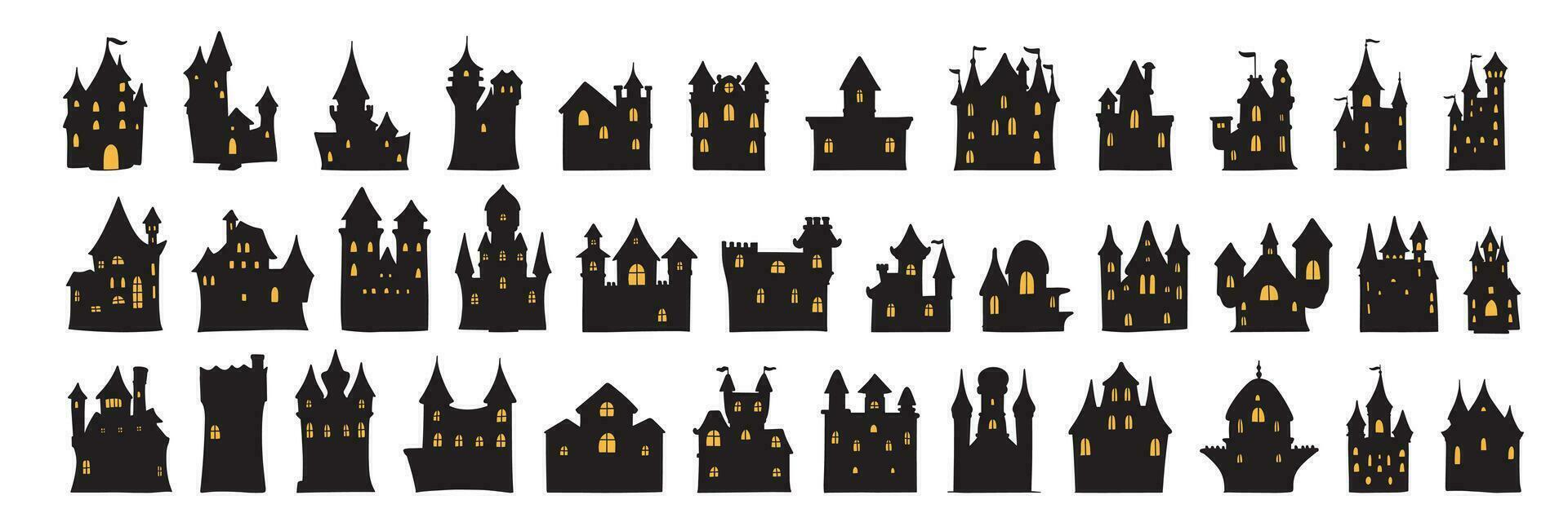Large collection of Halloween houses with yellow windows. Creepy houses set. Halloween house set icons. Vector illustraiton.