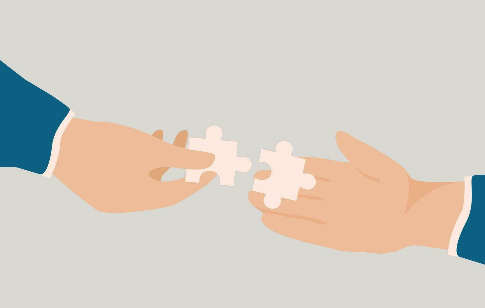 Two Human hands connect two parts of jigsaw puzzle together. Illustration of innovation, creation and business solutions or idea. Concept of team spirit, teamwork and collaboration. Vector stock