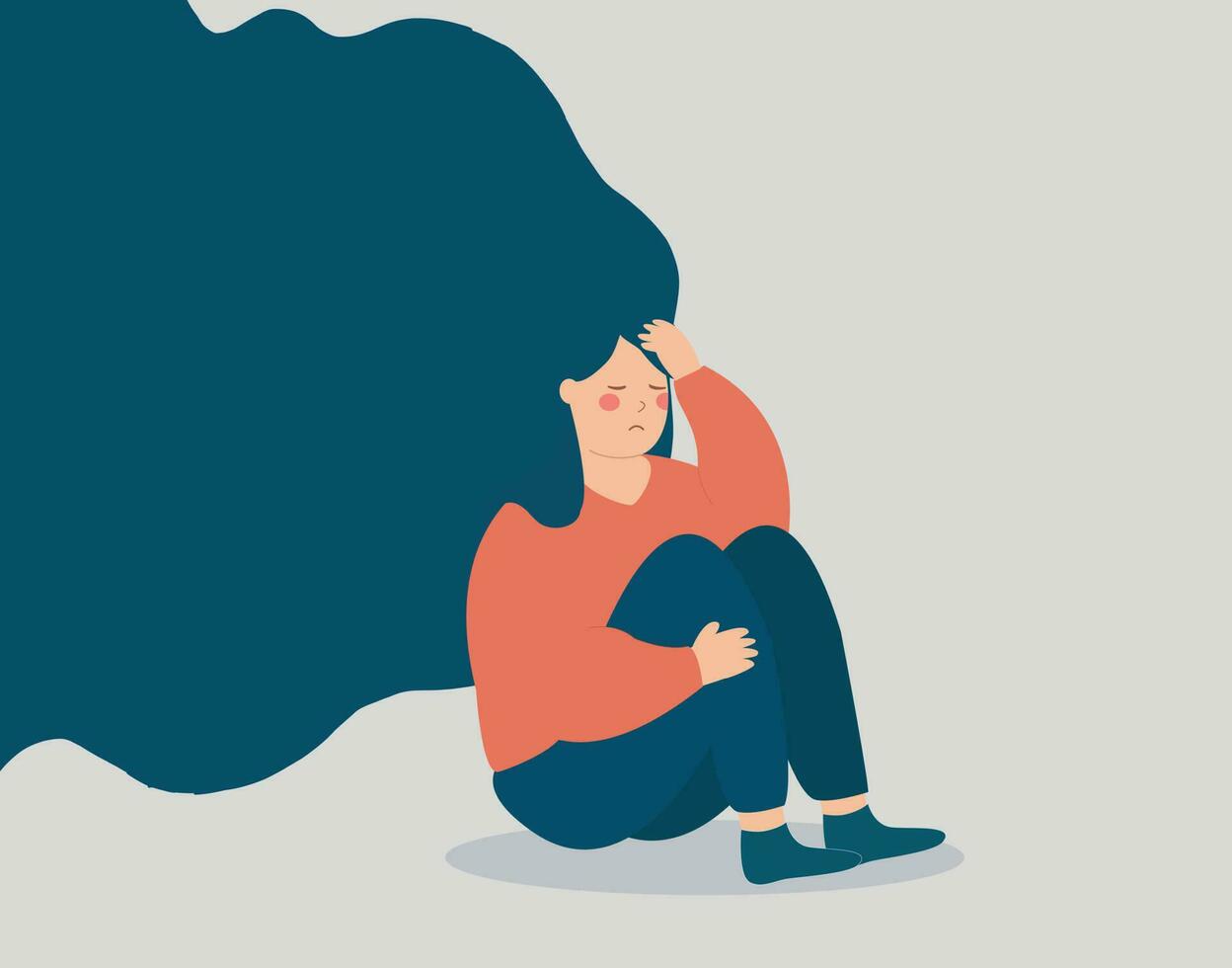 Exhausted woman can not get rid of depression, stress, burnout or negative thoughts. Lonely girl sitting and hugging her knees. Mental health illness and psychological problems concept. Vector stock