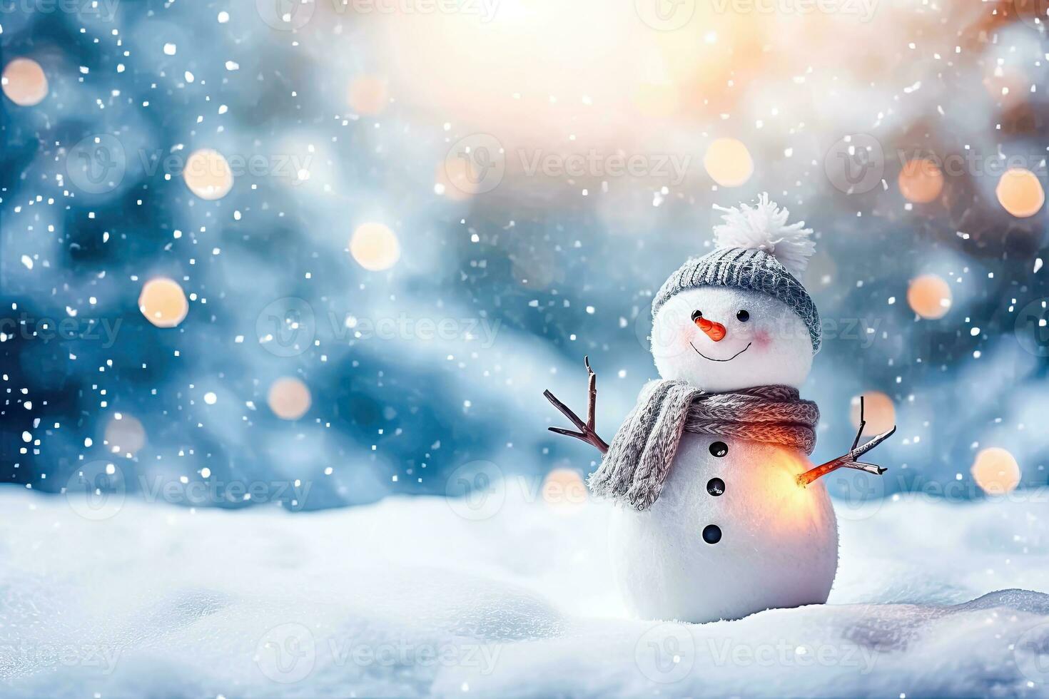 Cute Snowman Celebrating Christmas in Bokeh Background - Generative AI photo