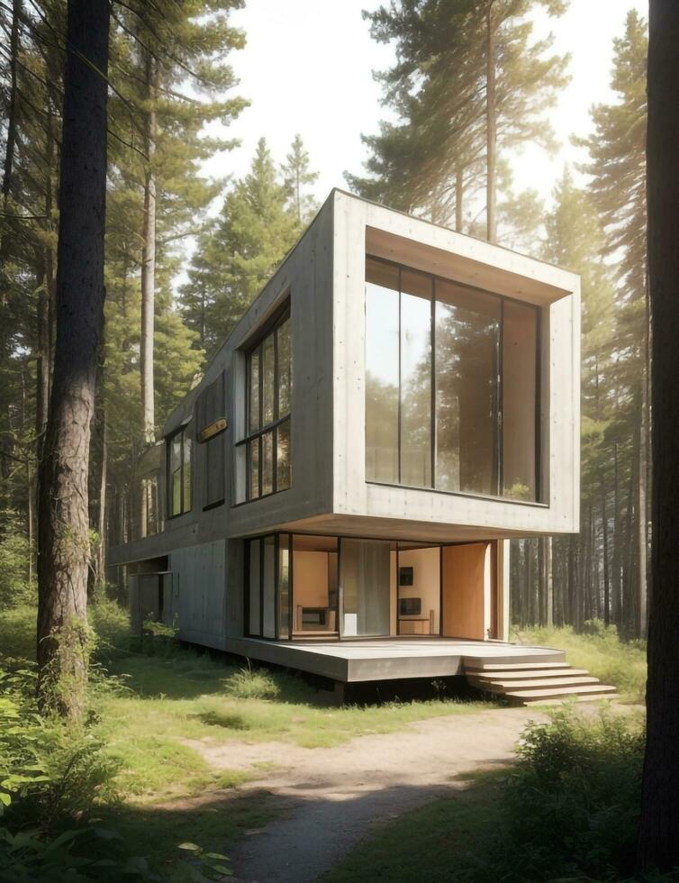 A modern home nestled in a lush forest Generative AI photo