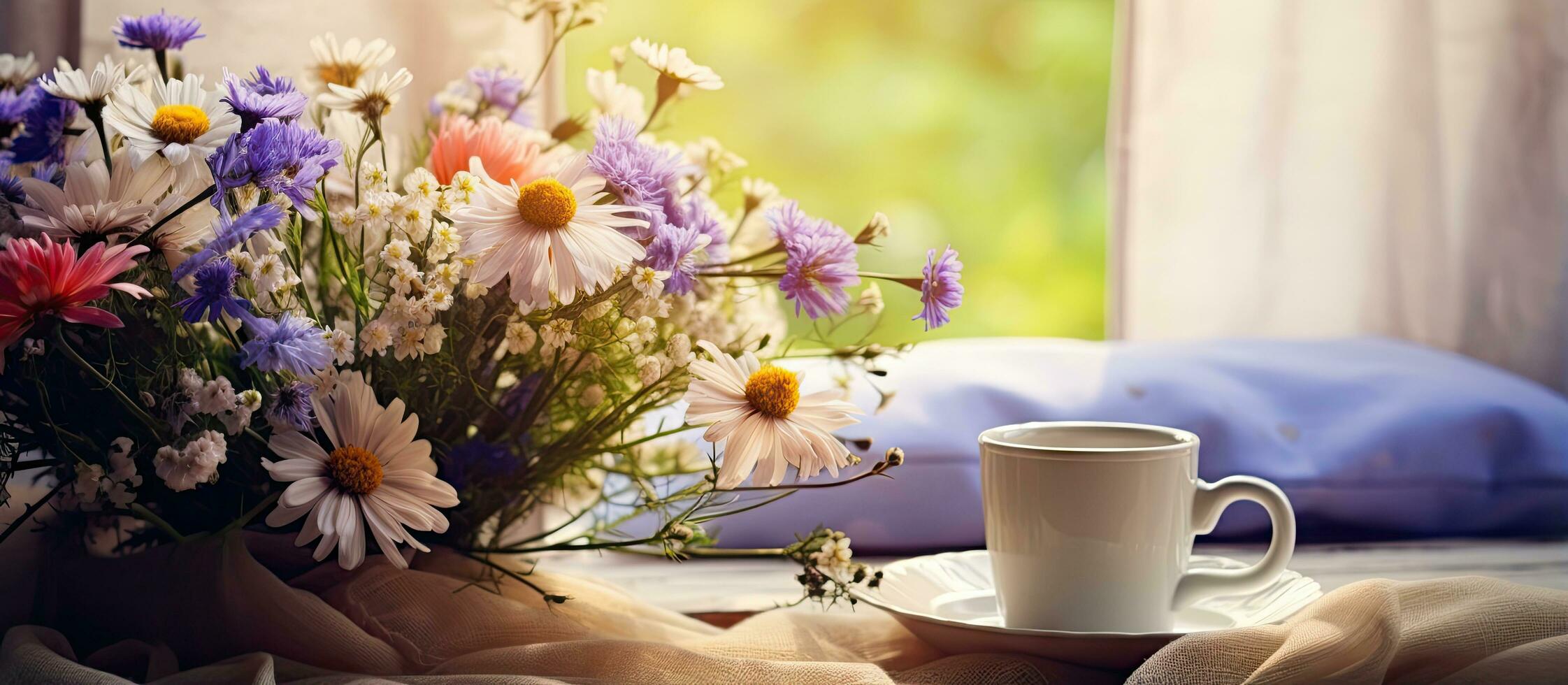 Vintage feminine photo of a summer still life scene with rustic design The composition includes an enamel mug a bouquet of wild flowers a linen cushion and a table by the window adorned with co