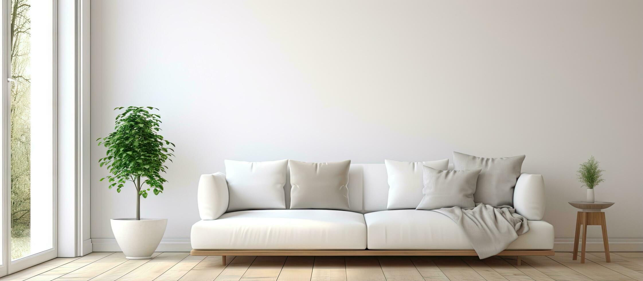 nórdico estilo hogar con blanco vivo habitación de madera piso y grande pared decoración presentando un ventana con un blanco paisaje ilustración foto