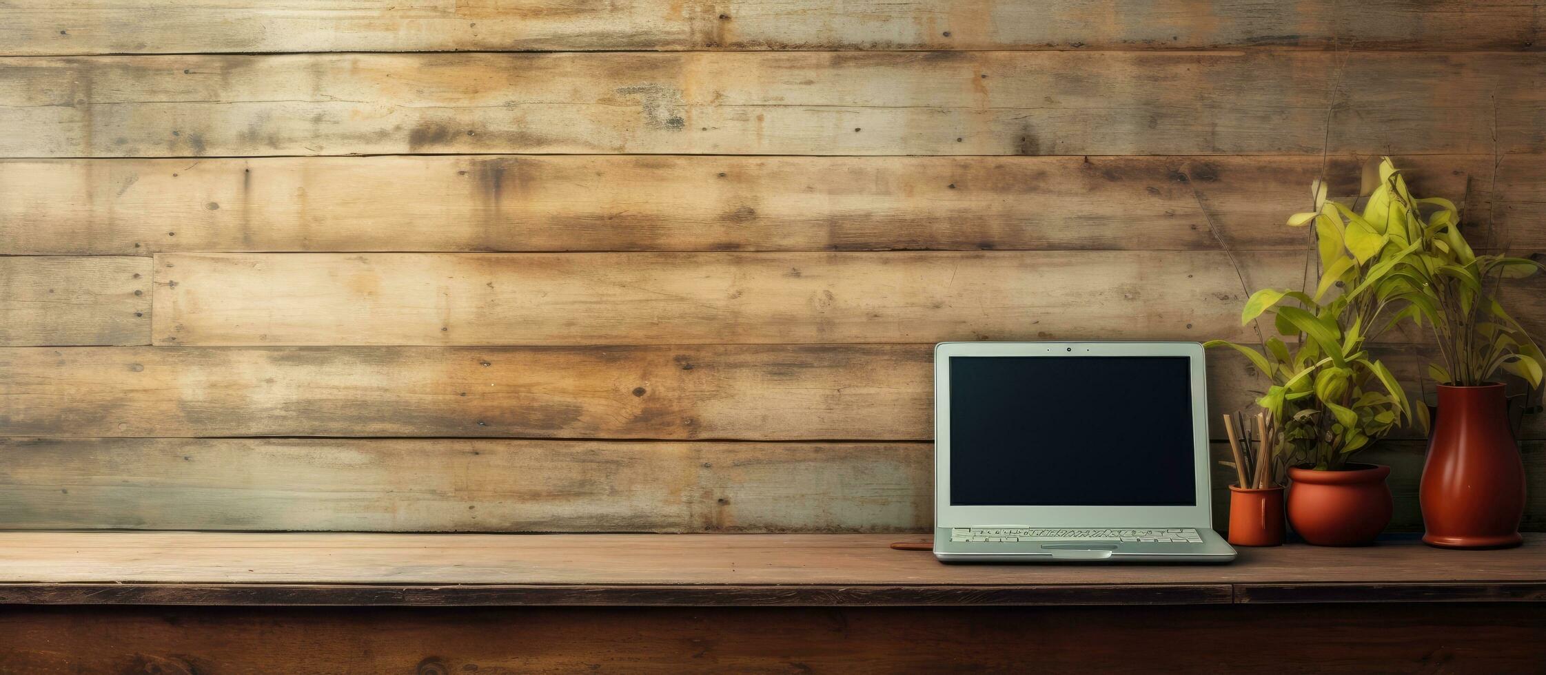 An antique computer on a wooden table in the living area photo