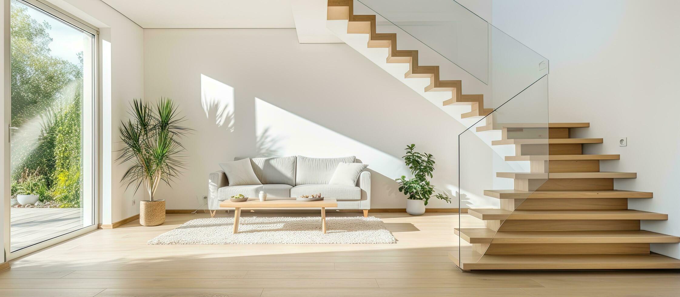 Modern house with white walls has a spacious room with a stairway that leads to a glass door living room photo